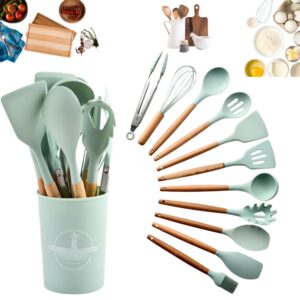 Set Premium Ustensile de Bucatarie pentru Gatit, 12 Piese din Silicon cu Manere din Lemn Bambus Ergonomice, Durabile, Sigur pentru Alimente, Rezistente la Temperaturi Inalte, Usor de Curatat si Organizat, Verde Lime