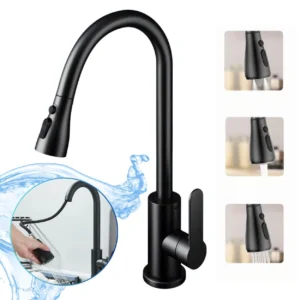 Baterie Bucatarie Pipa Extractibila, 3 Jeturi Multifunctional, Furtune incluse, 3 Moduri Pentru Spalat Rapid si Clatire Eficienta, Cap Retractabil, Otel Inoxidabil Fara Plumb, Montaj Rapid, Anticalcar, Mecanism, Ceramic, Negru