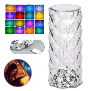 Lampa De Masa Decorativa, Crystal Diamond Rose, Brand Premium, Iluminare RGB Cu 16 Culori Si Telecomanda, Touch Control, Baterie Reincarcabila USB, Ambient Relaxant Romantic, Material Transparent
