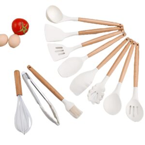 Set Premium Ustensile de Bucatarie pentru Gatit, 12 Piese din Silicon cu Manere din Lemn Bambus Ergonomice, Durabile, Sigur pentru Alimente, Rezistente la Temperaturi Inalte, Usor de Curatat si Organizat, Alb