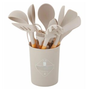 Set Premium Ustensile de Bucatarie pentru Gatit, 12 Piese din Silicon cu Manere din Lemn Bambus Ergonomice, Durabile, Sigur pentru Alimente, Rezistente la Temperaturi Inalte, Usor de Curatat si Organizat, Crem Bej