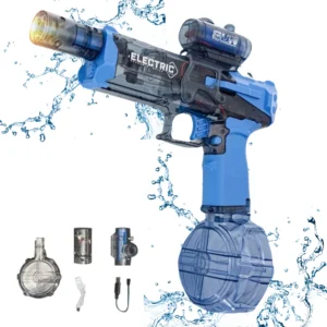 Pistol de Apa Electric cu Jet Puternic, LED Interactiv, Efecte Sonore, Raza 10m, 2 Acumulatori Reincarcabili, Jucarie pentru Vara, Apa, Joaca Exterior, Modern, Pistol Reincarcabil Copii Adulti, Cadou Vara Copii, Performanta Superioara, Albastru Tehnologic