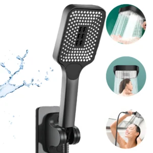 Cap Dus Presurizat 5 Functii cu Buton On Off, Jet Reglabil si Economic Pentru Apa cu Presiune Scazuta, Economisire Apa, Montaj Rapid Fara Unelte, Material ABS, Negru