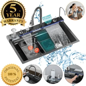 Set Chiuveta Bucatarie Multifunctionala Moderna, Otel Inoxidabil 304, Afisaj LED, Capacitate Mare, Moduri Apa Variate, Robinet Extractibil, Design Modern, Sine Duble, Dispenser Detergent, Finisaj Auriu, Eficienta Energetica, Durabilitate Superioara, Negru