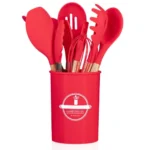 Set Premium Ustensile de Bucatarie pentru Gatit, 12 Piese din Silicon cu Manere din Lemn Bambus Ergonomice, Durabile, Sigur pentru Alimente, Rezistente la Temperaturi Inalte, Usor de Curatat si Organizat, Rosu