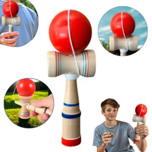 Kendama Lemn Artar Pro, Traditional Japonez, Joc Echilibru, Finisaj Natural Coordonare, Concentrare, Dezvoltare Motrica, Copii, Adolescenti, Jucarie Educativa, Rosu