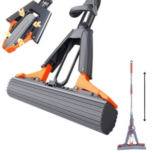 Mop 38cm cu 1 Burete Super Absorbant, 38cm latime, Maner Telescopic, Sistem Stoarcere Automat Hands-Free, Curatare Rapida si Eficienta, PVA Premium, Potrivit pentru Parchet, Gresie, Laminat, Absorbtie Umeda Maxima, Negru crom