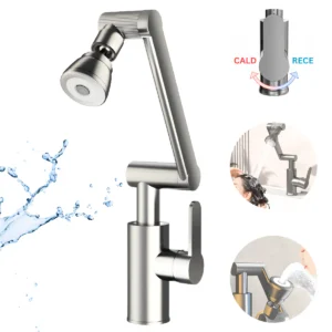 Baterie Chiuveta Moderna Rotativa 360 Grade, Baterie Baie Bucatarie Monocomanda Apa Calda si Rece cu Finisaj Anti-Amprenta, Cartus Ceramic Durabil, Jet Reglabil, Compatibil Chiuveta Blat Lavoar, crom Inox