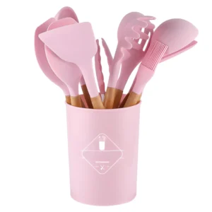 Set Premium Ustensile de Bucatarie pentru Gatit, 12 Piese din Silicon cu Manere din Lemn Bambus Ergonomice, Durabile, Sigur pentru Alimente, Rezistente la Temperaturi Inalte, Usor de Curatat si Organizat, Roz