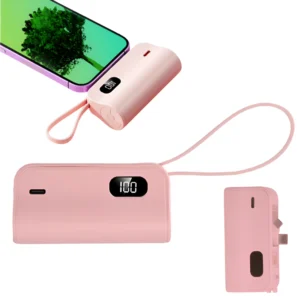 Powerbank Portabil Universal cu 3 mufe USB-C, USB-A si Lightning, Acumulator extern, Baterie Externa, Compatibilitate Extinsa, Smartphone, Tableta, Energie Oriunde, Incarcare Rapida, Silicon, Compact, Roz
