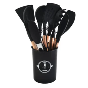 Set Premium Ustensile de Bucatarie pentru Gatit, 12 Piese din Silicon cu Manere din Lemn Bambus Ergonomice, Durabile, Sigur pentru Alimente, Rezistente la Temperaturi Inalte, Usor de Curatat si Organizat, Negru