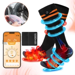 Sosete Incalzite Electric, Autonomie Extinsa 5000mAh, Pana la 9 Ore, Temperatura Reglabila, 4 Niveluri, Material Bumbac Moale, Lavabile, Elastic, pentru iarna, unisex, USB Reincarcabile, confortabil, pentru: pescuit, camping, schi, trekking, Negru