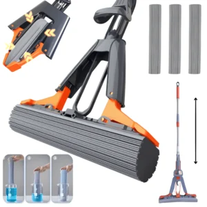 Mop 38cm cu 3 Bureti Super Absorbanti, 38cm latime, Maner Telescopic, 3 Rezerve Incluse, Sistem Stoarcere Automat Hands-Free, Curatare Rapida si Eficienta, PVA Premium, Potrivit pentru Parchet, Gresie, Laminat, Absorbtie Umeda Maxima, Negru Portocaliu